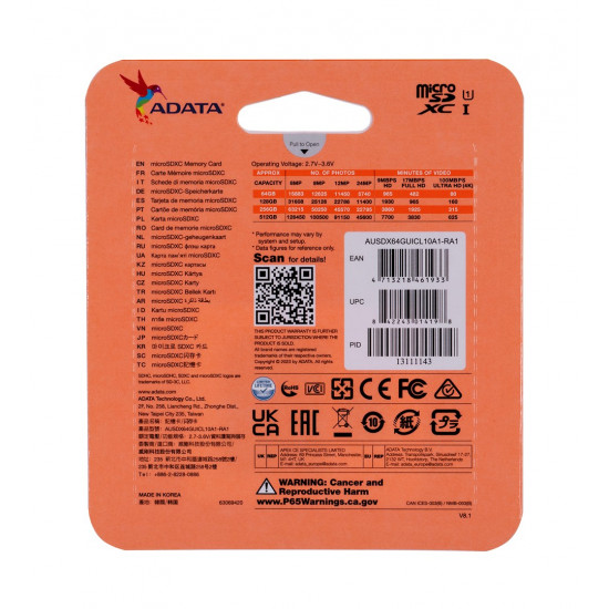 ADATA 64GB, microSDHC, Class 10 UHS-I ADATA 64GB, microSDHC, Class 10 UHS-I