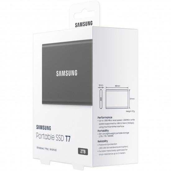 2TB Samsung Portable T7 USB 3.2 Gen2 Titan Gray retail 2TB Samsung Portable T7 USB 3.2 Gen2 Titan Gray retail